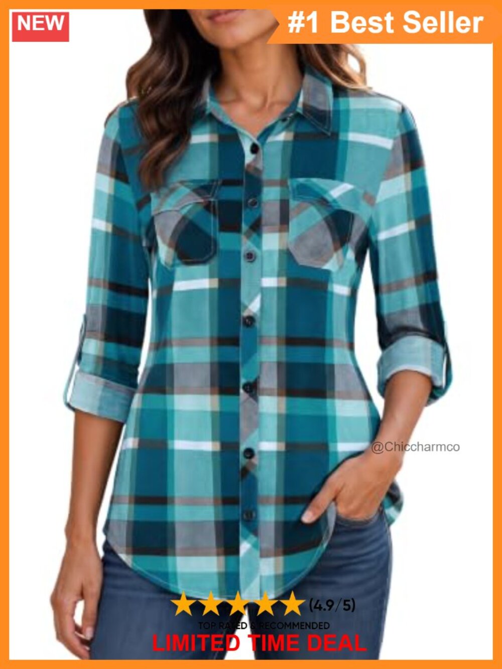Womens Stretchy Knit Plaid Button Down Long Sleeve Roll Up Blouse